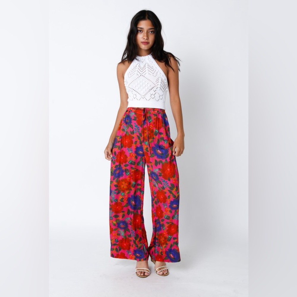 NWT Olivaceous Pink Red Blue Floral Wide-Leg Pants Sz S - Picture 1 of 9